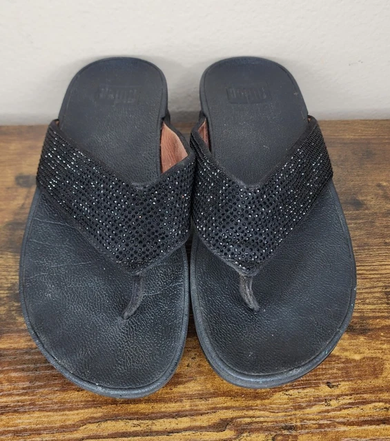 Fitflop Black Lulu Crystal Flip Flops Thong Sandals US Women's Size 8 2