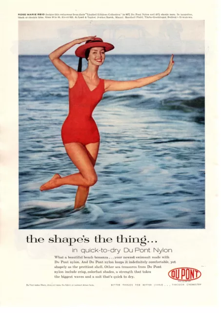 1958 Rose Marie Reid Swimwear One Piece Bathing Suit Hat Du Pont Nylon Print Ad
