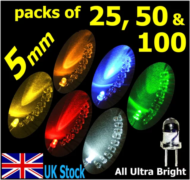 5mm LED  Packs 25, 50, 100 Ultra Bright  White Blue Red Yellow Orange Green - UK