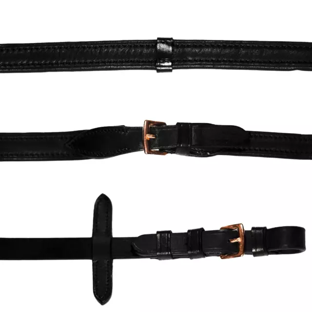 Padded Nappa Leather Reins (Flat) - Black (Rose Gold Fittings)