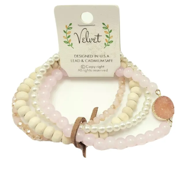Pink Bead Pearl Bracelet Druzy Set By Velvet