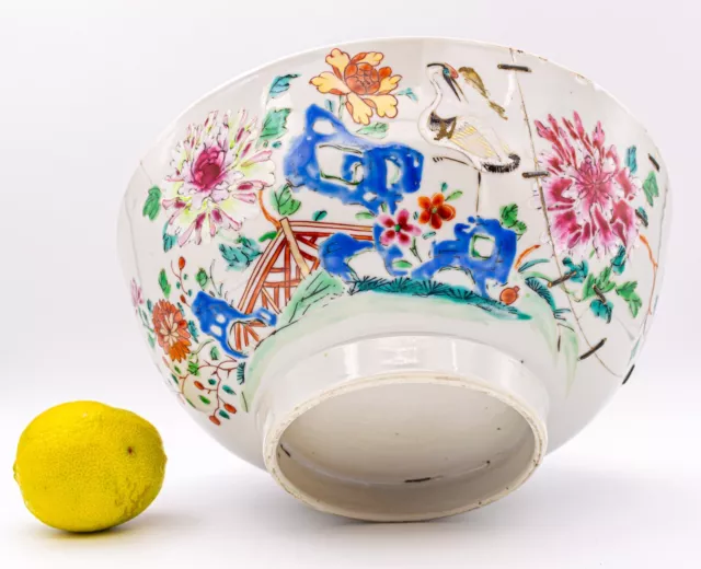 LARGE Chinese Crane Famille Rose Bowl Porcelain Qing Qianlong (1736-1795)