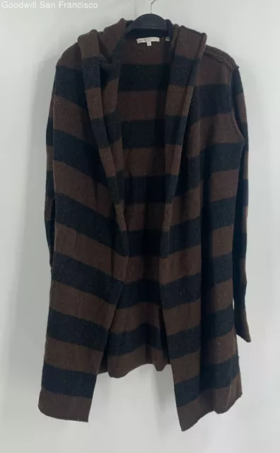 Vince Womens Black Brown Striped Knit Hooded Open Front Cardigan Sweater Small