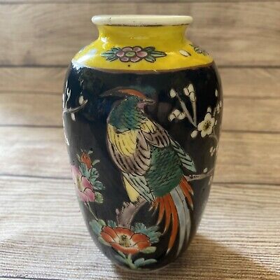 VTG Japanese Porcelain Vase Hand Painted Yellow Black Tropical Bird Flowers 6”