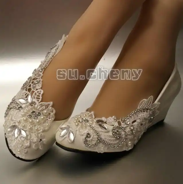 su.cheny white ivory lace pearl rhinestones flat heel wedge Wedding Bridal shoes