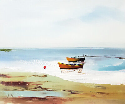 tableau peinture marine bateau barques en mer marrée basse, paysage marin déco
