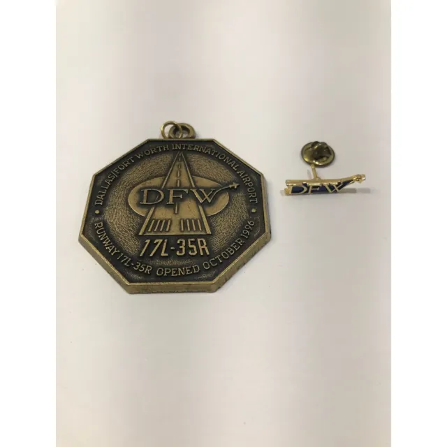 Vintage Dallas Ft Worth DFW airport medal and pin, Runway 17L-35R grand opening