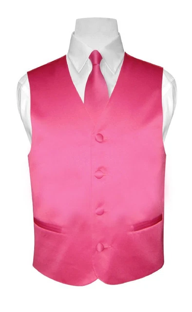 BOY'S Dress Vest & NeckTie Solid HOT PINK FUCHSIA Color Neck Tie Set Size 14