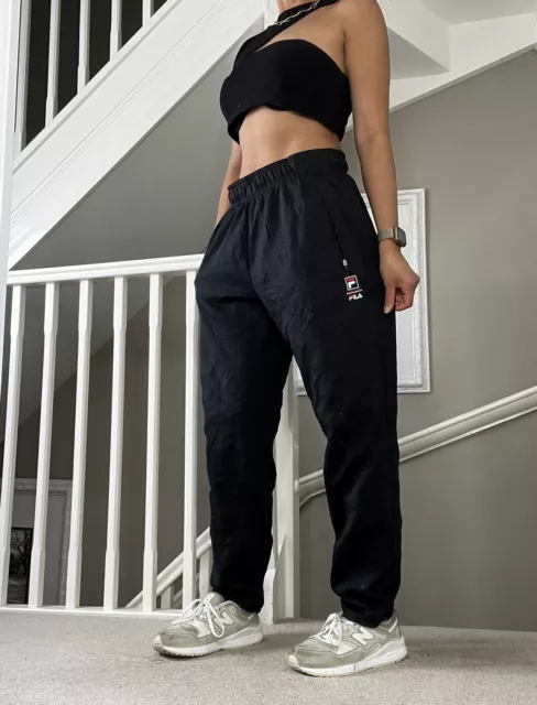 Fila Black Tracksuit Bottom Tapered Cuffed Leg Size L Unisex Vintage Low Waist