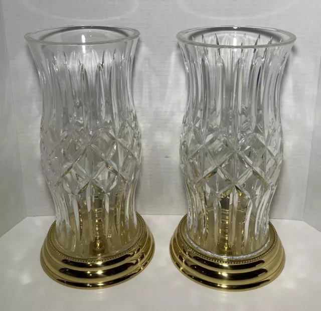 PAIR OF WATERFORD Crystal Prescott Hurricane Brass Candle Holders $499. ...