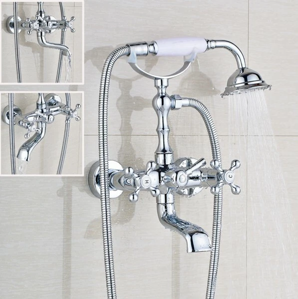 Wall Mount Bathroom Faucet Set Chrome Brass Tub Handheld Shower Taps Kit 2tf902