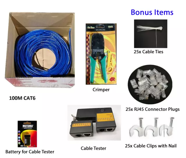 Cat 6 100m RJ45 Network Ethernet LAN Cable free Crimper Tester 10 Plugs-Blue