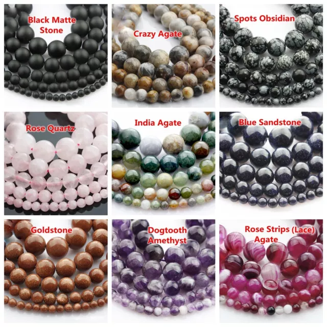 1 Strand Round  4mm 6mm 8mm 10mm 12mm Natural Stone Rock Gemstone Beads Lot 3