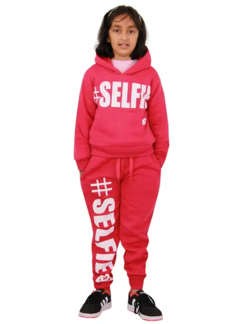Kids Girls Tracksuit Designer #Selfie Jogging Suit Hooded Crop Top & Bottom 5-13
