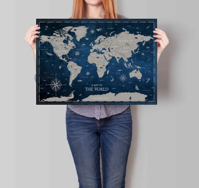World Map Laminated  Print Poster Blue Wall Chart A1 A2 A3 Free Postage