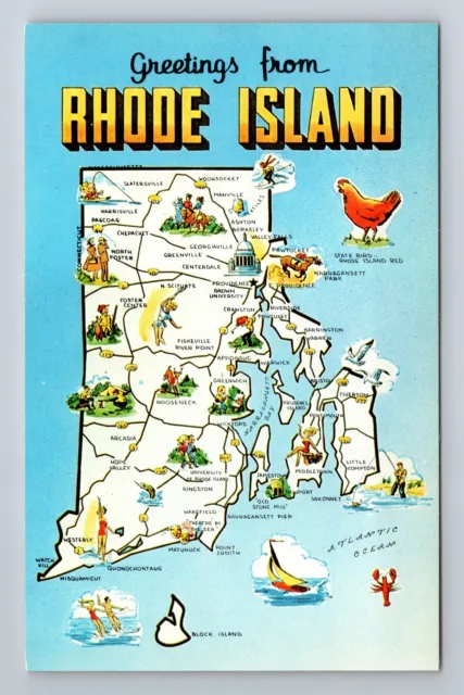 RI-Rhode Island, General Greetings, State Map, Landmarks, Vintage Postcard