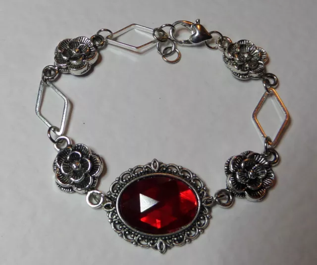 Victorian Style - Diamond Rose - Rich Red Ac Crystal Silver Plated Bracelet Dr