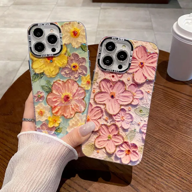 For iphone 15 14 13 12 11 Pro Max Oil Painting Flower Patterns Cute Phone Case