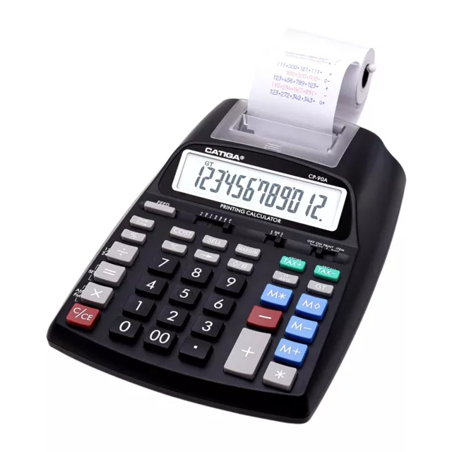 Adesso CP-90AB Catiga 12 Digits 2 Color Printing Calculater Black AC or Battery