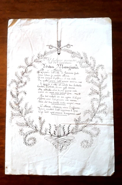 Foglio Con Sonetto Per Onomastico Teresa Mangiardi Primo 800 Decorato A Mano