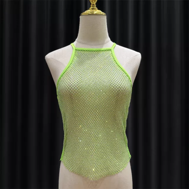 Women Crystal Net Mesh Vest Camisole Tank Top Glitter Shiny Patry Clubwear