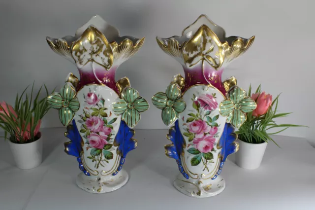 PAIR antique french vieux paris porcelain Vases floral Scene hand paint