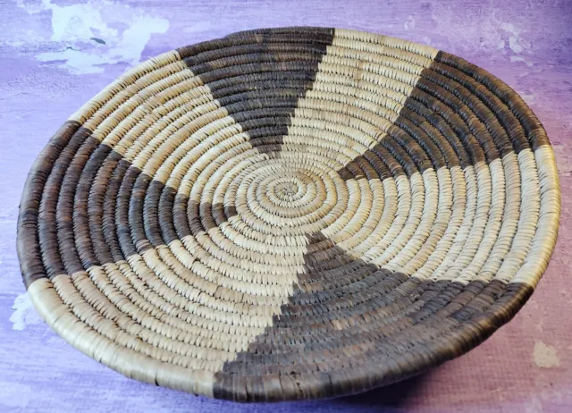 Native African Tribal Hand Woven Coil Basket Bowl Shallow Vintage 14 Inch