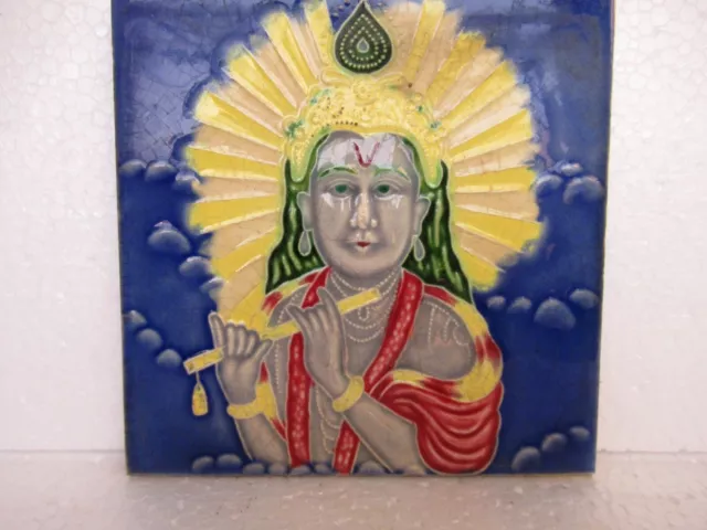 Antique Tile Lord Krishna Flute Music Art Nouveau Porcelain Majolica Japan Old"5 3