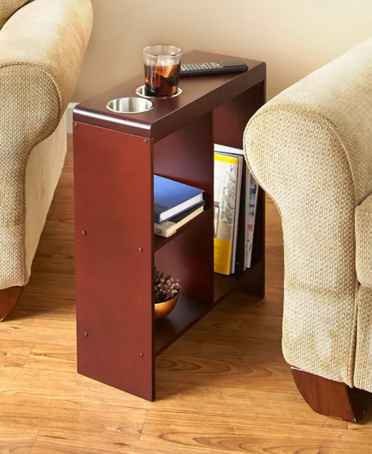 Slim End Tables w/ Drink Cup Holders & Shelf Wooden Narrow Furniture in 2 Colors