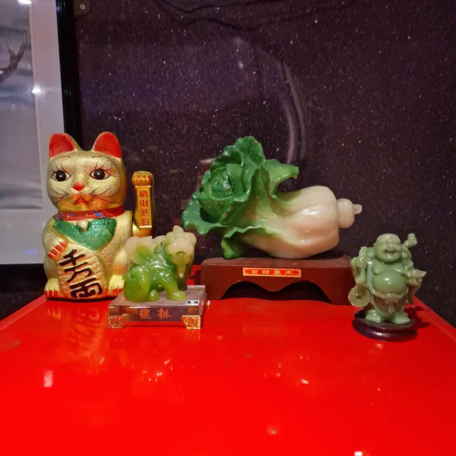 Chinese Asian Good Luck Jade Ornaments Lucky Cat Buddha Foo Dogs