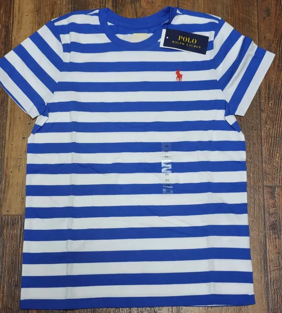 NWT Polo Ralph Lauren Women's White Blue Striped Tee Red Pony