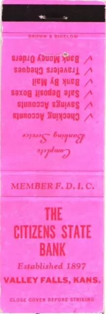 The Citizens State Bank, Valley Falls, Kansas Est. 1897 Vintage Matchbook Cover