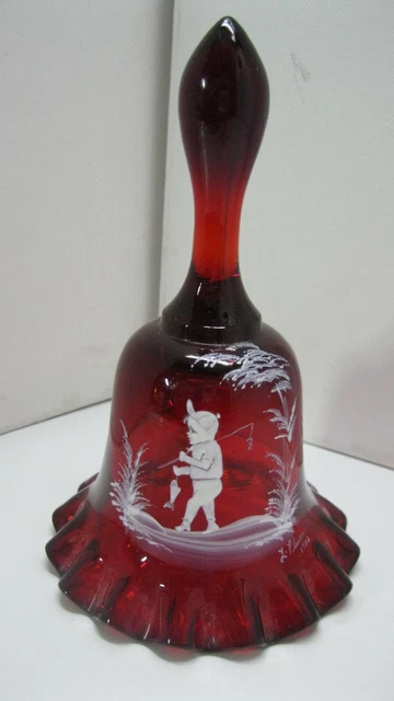 Vintage Ruby Red Westmoreland Bell Mary Gregory Boy Fishing Signed L. Plues 1983