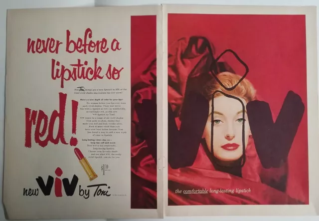 1954 Viv by Toni red lipstick redhead two page vintage ad