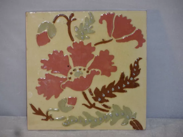 Antique Arts & Crafts Majolica Lee Tunstall Pottery England Moulded Flower Tile