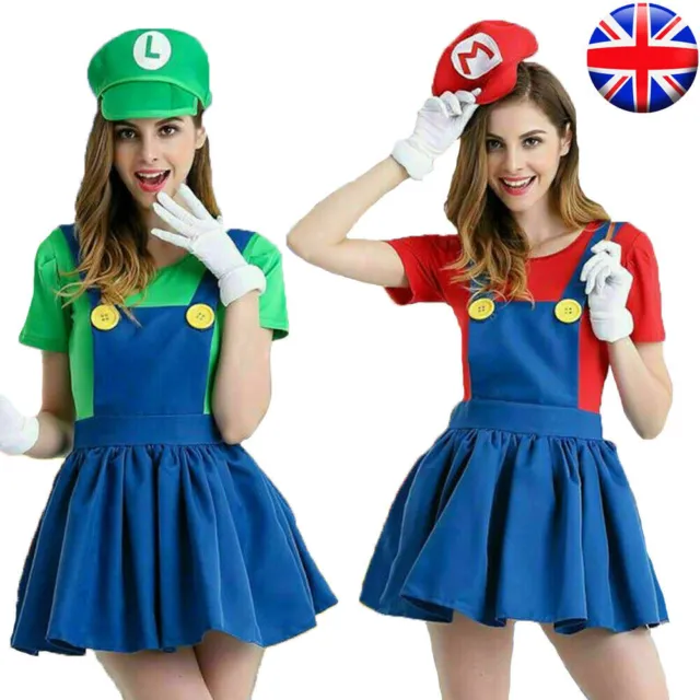 Women Mario Luigi Costume Super Plumber Bros Halloween Party Fancy Dress Outfit+