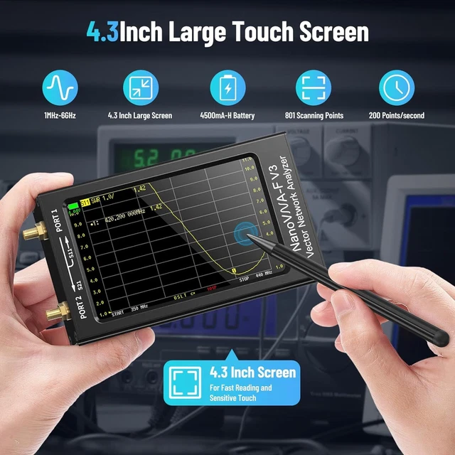 Fegtrtyoa Mini VNA 1300 MHz | Analizzatore Di Rete Vettoriale Portatile Con Touchscreen 4.3" | Misura SWR, Impedenza E Perdita Di Ritorno | USB E Batteria