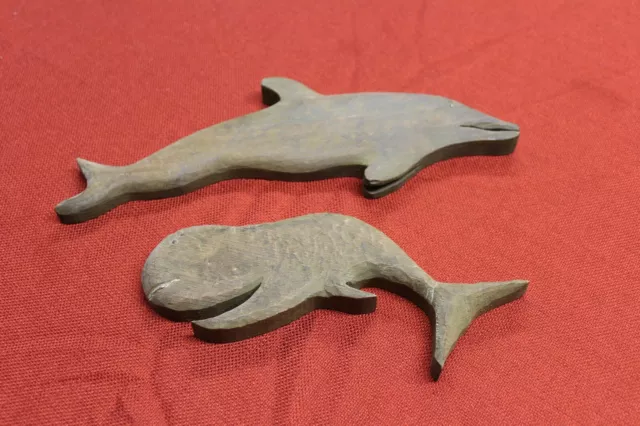2 Wooden Folk Art Hand Carved Whales Dolphin ? Vintage Old Collectible