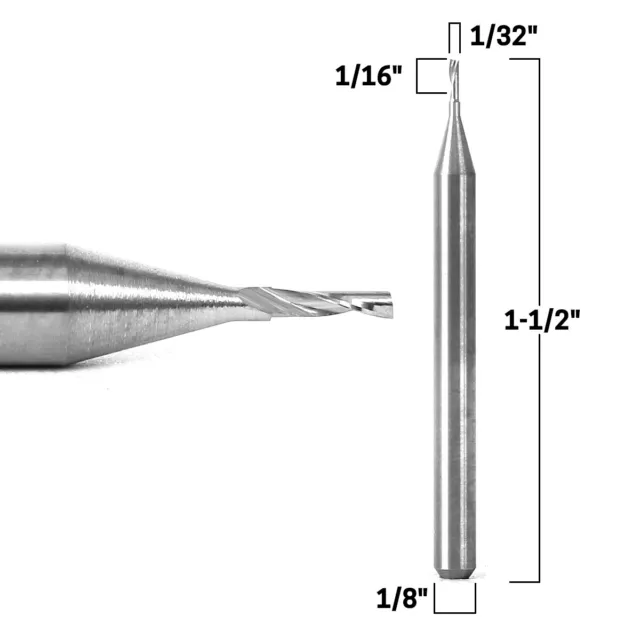 1/32" Dia O Flute Upcut Spiral Endmill CNC Bit - 1/8" Shank - Yonico 31016-SC