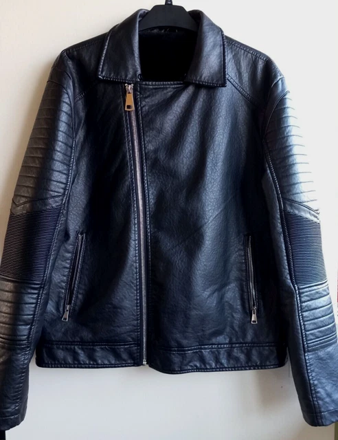 New Mens Warm Bomber Jacket Faux Leather Fur Lining Removable Collar Size Xl