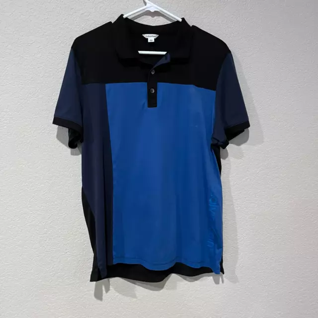 Calvin Klein Polo Shirt Blue Color Block Logo Short Sleeve - Men's Large