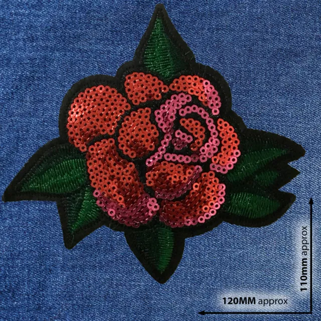 1pc red Rose w/leaves Sequin Patch flower applique iron sew on craft  #707