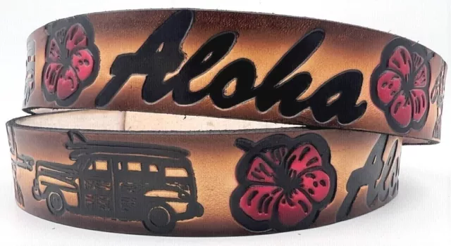 Aloha Hawaiian Embossed Genuine Cowhide Leather Belt Usa Made