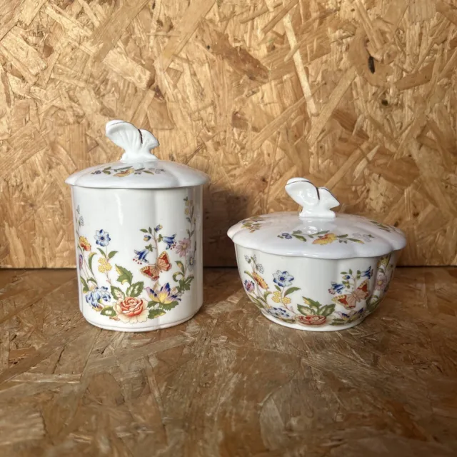 2 Vintage Aynsley Cottage Garden Butterfly Lid Pot Box Powder Trinkets Jewellery