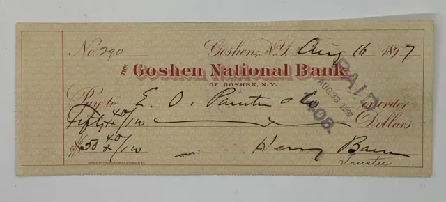 19th Century Henry Bacon US Representative Signed Check 1897 Goshen NY