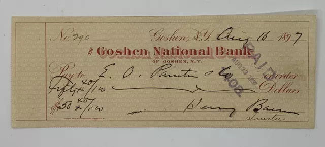 19th Century Henry Bacon US Representative Signed Check 1897 Goshen NY