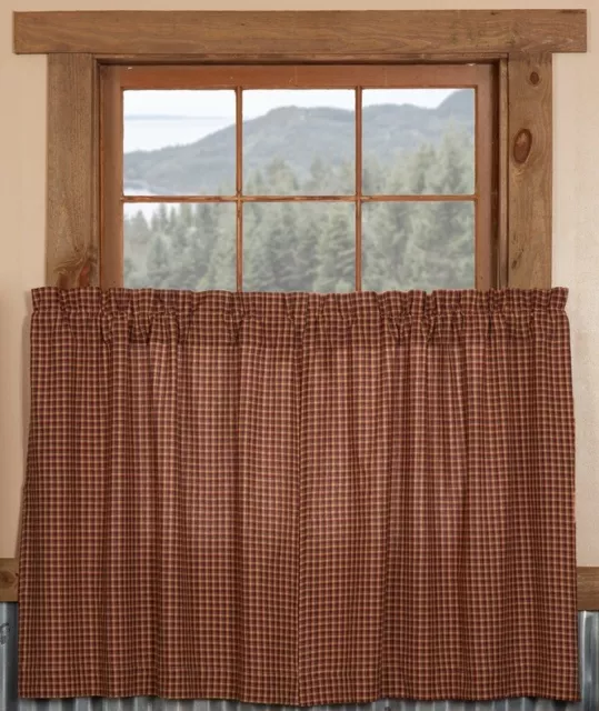 24" L Red & Tan Plaid Café Curtains Lined Rustic Window Tier Set Patriotic Patch