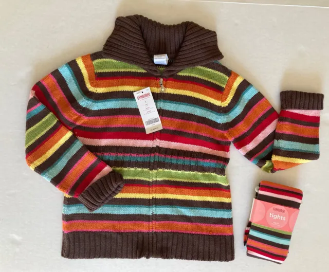 NWT Gymboree Cupcake Cutie Sz 5  Brown Stripe Zip Cardigan Sweater & Tights
