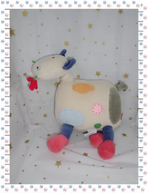 ⑪ - Doudou  Peluche Eveil Vache Blanc Bleu Rose Grelot Pouet Miroir Jacadi