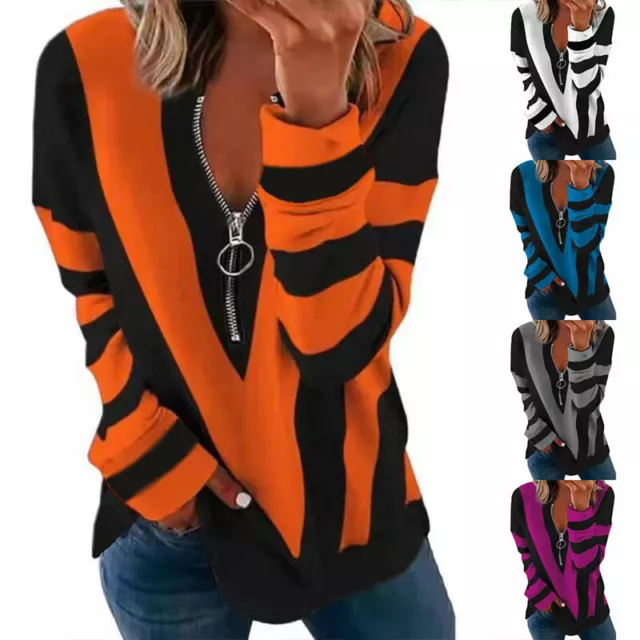 Womens V Neck Zip Up Striped T Shirt Ladies Casual Baggy Long Sleeve Blouse Tops
